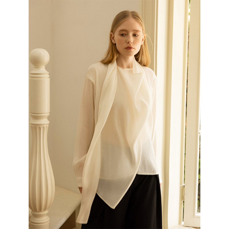CHIC White Clear Strap Long Sleeve Shirt with Swing Collar Design Spring and Autumn New French Fashion Thin Top for Women