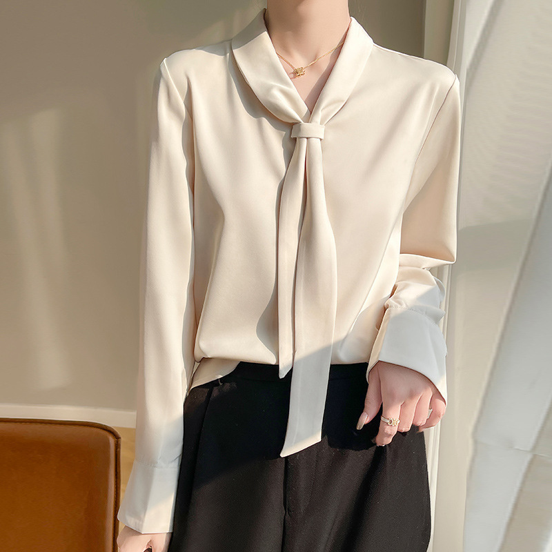 Spring and Summer New Style Women's Silk Satin Shirt with Flowing Collar, Fashionable Design, Solid Color Long-Sleeve Top, Thin Base Shirt Spring and Summer New Style Women's Silk Satin Shirt with Flowing Collar, Fashionable Design, Solid Color Long-Sleeve Top, Thin Base Shirt
