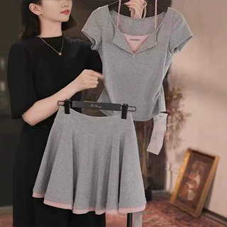 小众不撞款巨好看的套装裙短裙夏季一整套茶系学院风辣妹修身穿搭