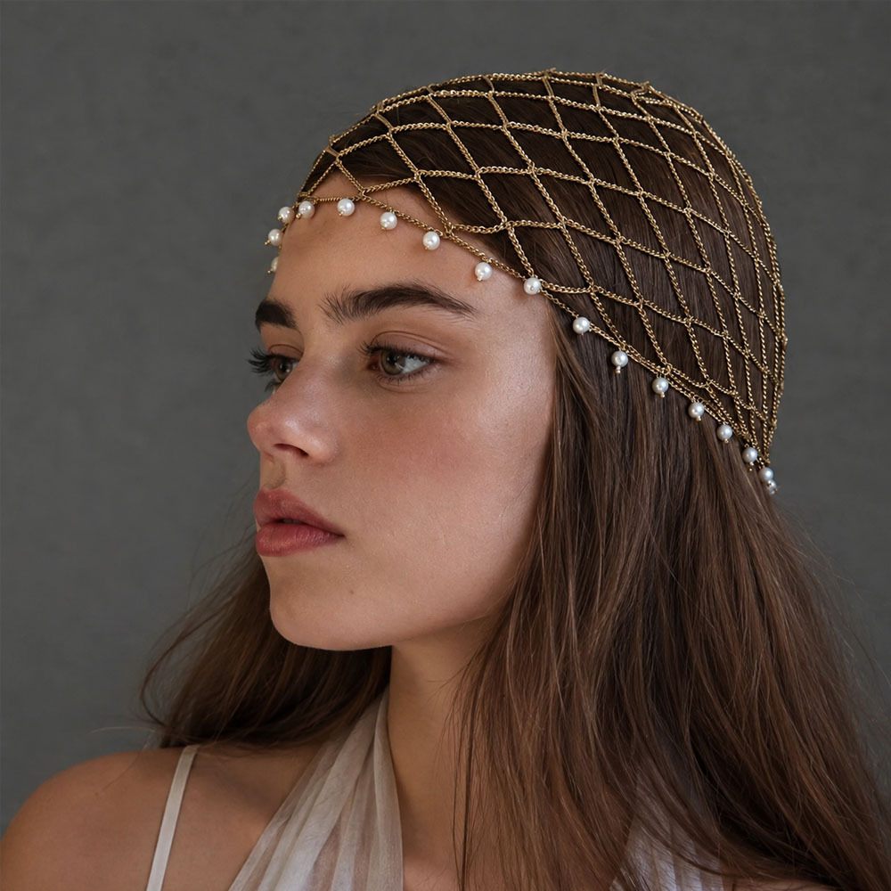 Cross-border new product: Mesh pearl headpiece, European and American fashion niche metal chain hair net, stage performance accessory