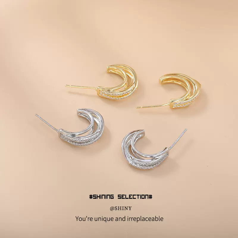 时尚轻奢微镶锆石C形圈圈耳钉耳圈个性多层四线镂空耳饰女铜镀金