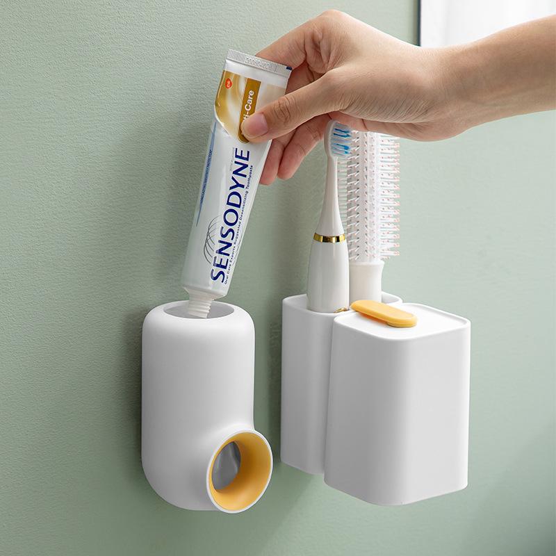 輕奢壁挂擠牙膏神器免打孔牙膏置物架懶人按壓式洗漱套裝通用可拆