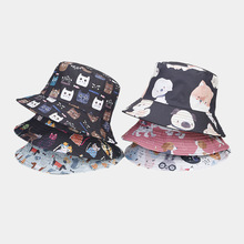 卡通动物图案满印双面戴渔夫帽女户外出游遮阳防晒帽男休闲盆帽潮