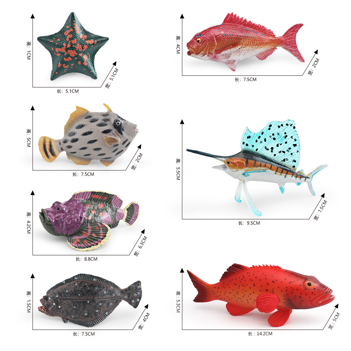 Transfronterizo simulación animal marino modelo piedra pescado arena pez estrella de mar pargo rojo platija Pez espada decoración juguete