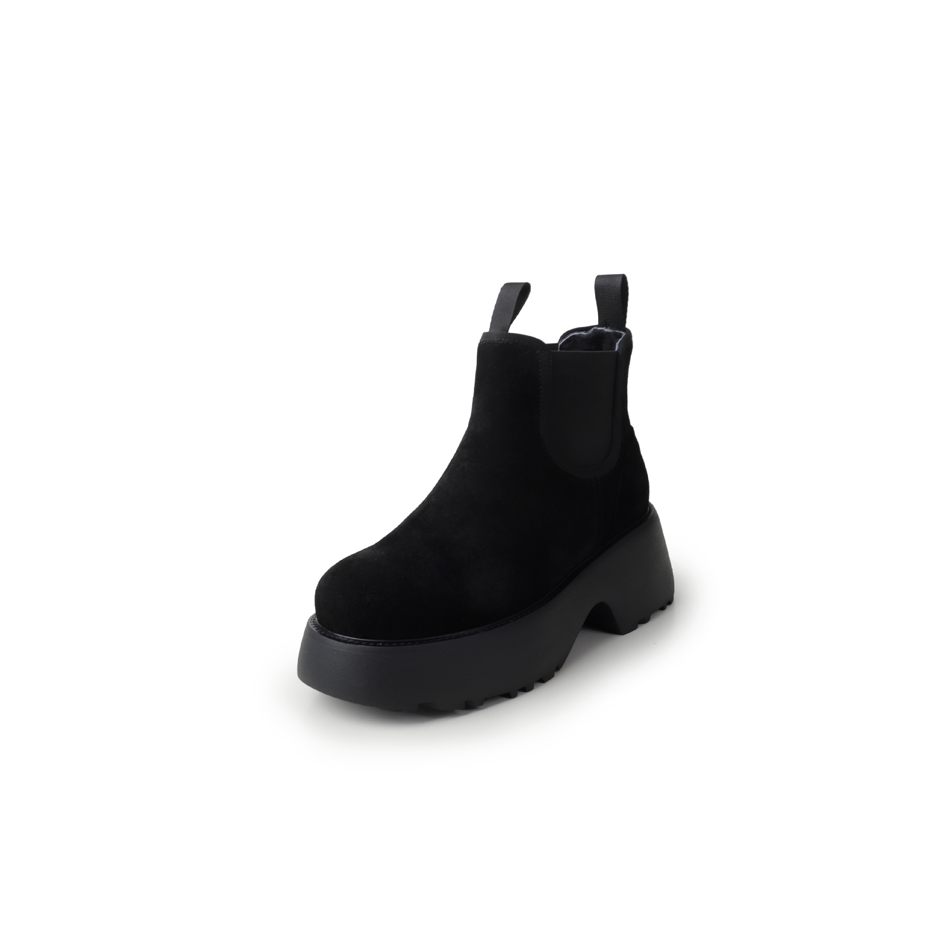 Boot Chelsea nữ da dê lót lông cừu đế dày platform ấm mùa đông — màu đen