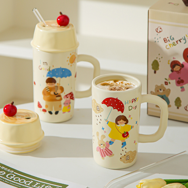 Caricatura creativa para niños y niñas tazas de cerámica con cubierta de paja para parejas tazas de agua taza de leche taza de desayuno regalo