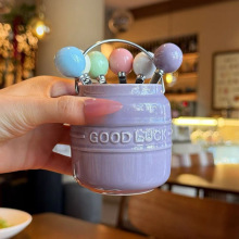 风高颜值水果叉套装甜品陶瓷果叉收纳罐可爱304不锈钢水果签