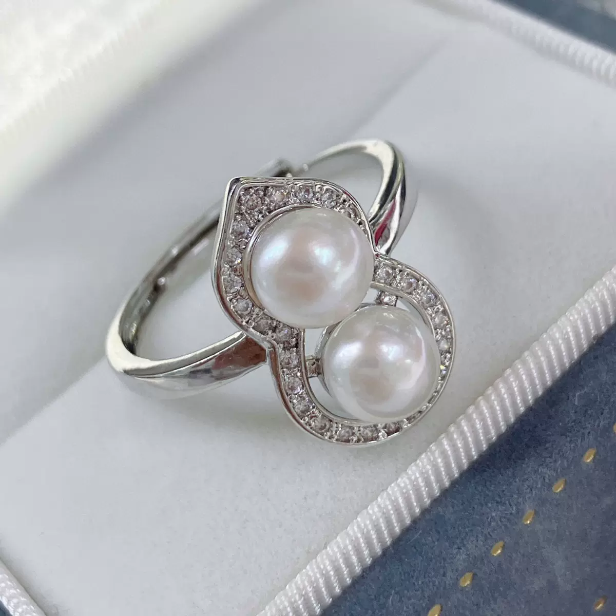 新品天然淡水珍珠手饰葫芦双珠戒指简约百搭可开口调节纯银戒托