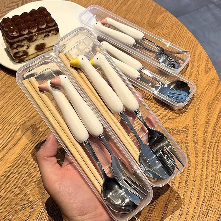 Creative and Cute Ins Stainless Steel Spoon Tableware Set Portable Ceramic Handle Duck Cute Cat Claw Spoon and Fork High Appearance