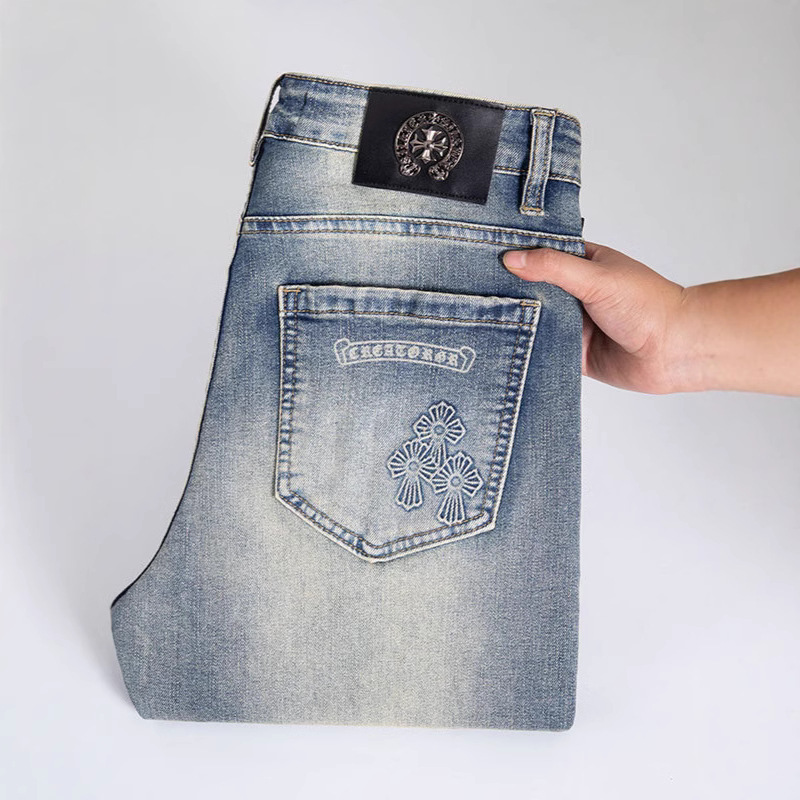 Crowe Cross High-end European Jeans Men's Blue Spring and Autumn Slim-fit Small Straight Stretch Print Men's Pants