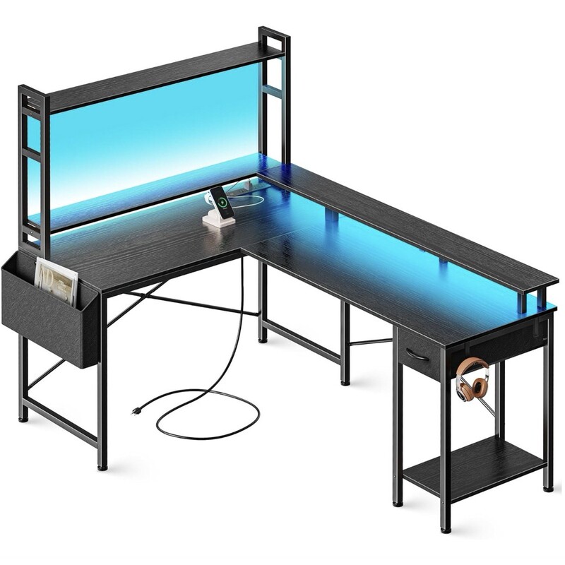 Family L-Shaped Office Gaming Desk with Led Atmosphere Light Power Socket Desk Side Storage Rack Computer Desk