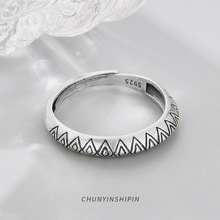 个性复古几何菱形方块指环s925银韩国东大门女款开口戒指时尚饰品