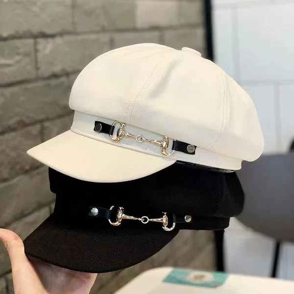 Four-Season Hollow Breathable Leather Buckle Octagonal Hat Classic Woven Chain Straw Hat Casual Versatile Artistic Sunshade Painter Hat