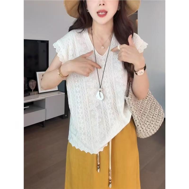 Áo thun nữ cổ V ngắn tay dệt kim Jacquemard phong cách Pháp, form rộng suông che khuyết điểm — 965 # Khí chất đen [chất lượng cao] Nhẹ và thoáng khí, 965 # ánh trăng trắng [chất lượng cao] rộng rãi gầy chi tiết 6