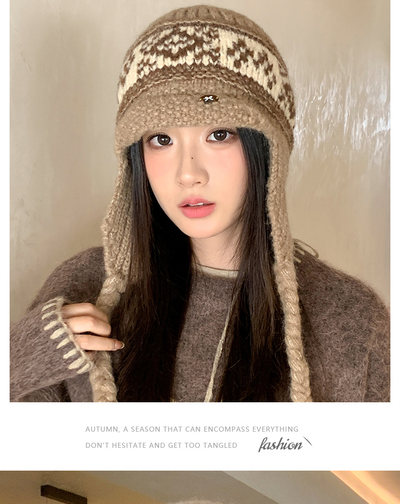 Fair Isle Style Retro Knitted Wool Autumn Winter Fleece Lined Thickened Warm Ear Protection Versatile Large Head_voghion.com