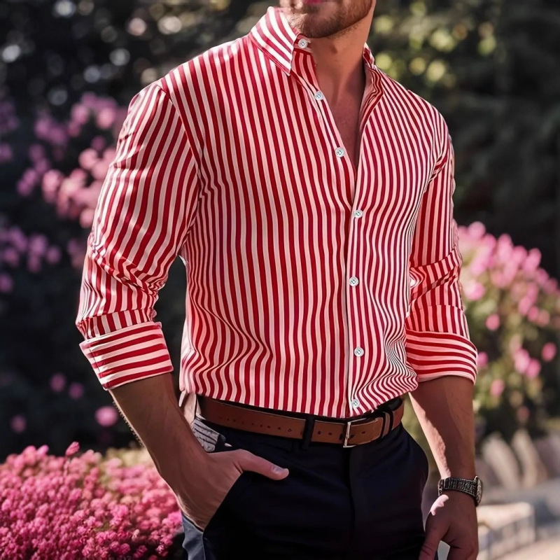 European and American Cross-Border Amazon Striped Men's Trendy Long-Sleeved Shirt Creative Elements 3D Printed Striped Shirt