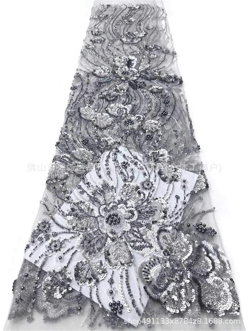 Flores tela de malla de cuentas de clavos de fabricación pesada sequinilla perla bordada cola de pescado cena brindis vestido de boda tela