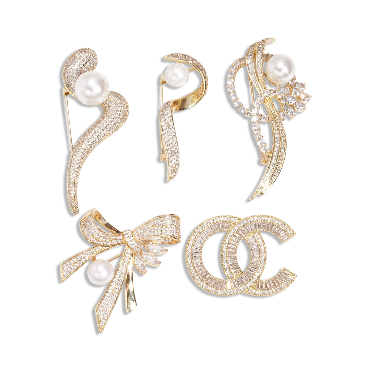 14k oro real galvanizado Zircon europeo y americano perla geometría torcida broche retro lujo ligero alto sentido accesorios de traje