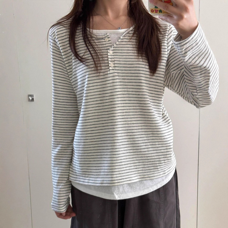 韩系休闲亨利领假两件条纹长袖T恤女2025早秋款宽松慵懒小众上衣|undefined