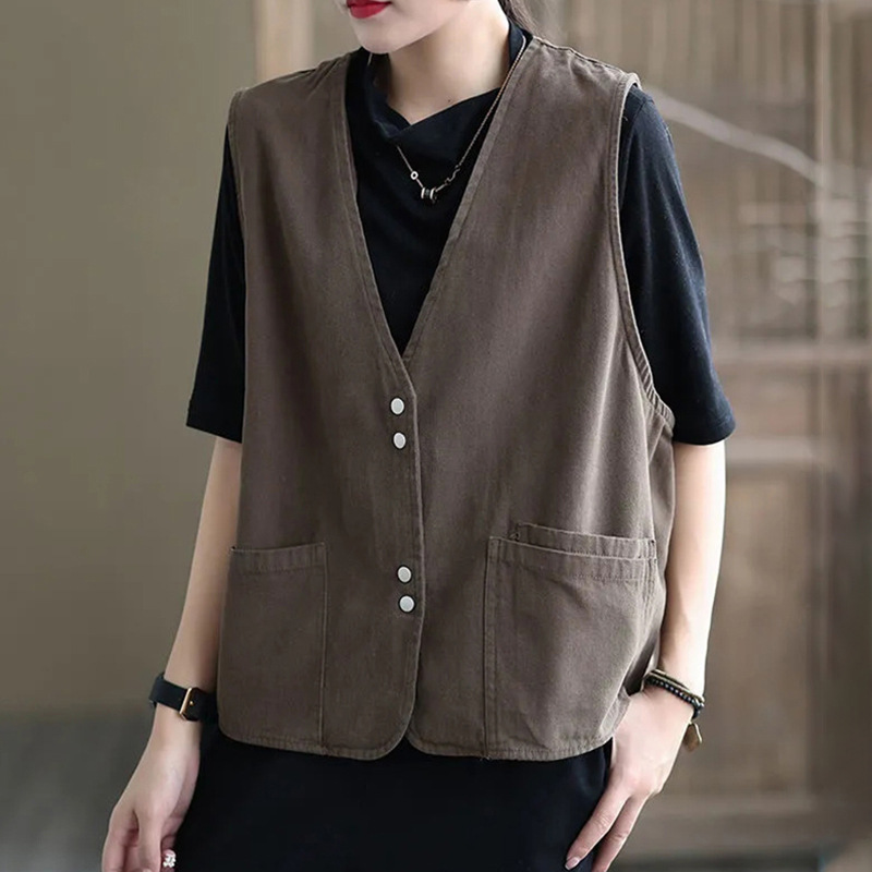 2026 Summer New Pure Cotton Vintage Pocket Vest Jacket Loose Solid Color Layered Vest for Women