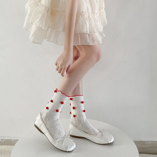 French Rose Lace Mid-length Socks Spring and Summer Thin Japanese Girl's Flower Hollow-out Cuff Socks jk Vintage Stacks