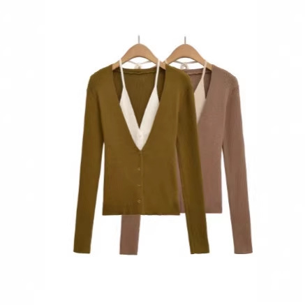 Autumn New Style French Pure Lust Sexy Sexy Fake Two-Piece V Neck Long-Sleeved Slim Halterneck Knitted Cardigan Top Autumn New Style French Pure Lust Sexy Sexy Fake Two-Piece V Neck Long-Sleeved Slim Halterneck Knitted Cardigan Top