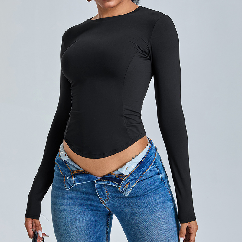 Otoño nuevo estilo hilo de espina de pescado ropa de yoga de manga larga para mujer camiseta deportiva casual para correr ropa de fitness delgada transpirable top