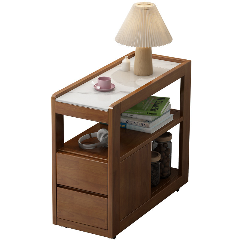 Mesa auxiliar de sofá móvil de madera maciza mesa de café pequeña sala de estar balcón sofá placa lateral gabinete con polea mini Placa de roca mesa de esquina