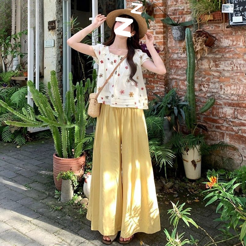 法式甜美森系套装女2025夏季小清新碎花短袖高腰阔腿裤减龄两件套