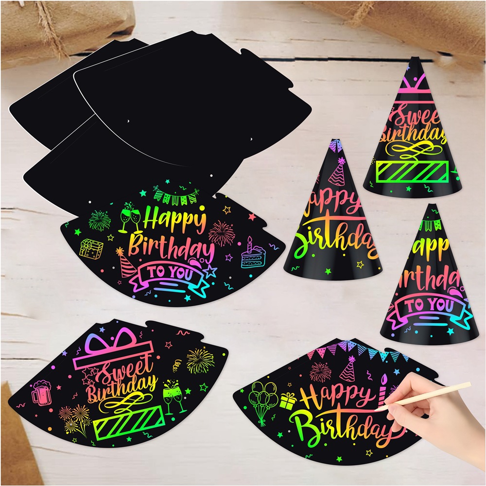 Nueva decoración de fiesta tarjeta de rascado sombrero de cumpleaños toque DIY dibujo de rascado decoración de cumpleaños creativo sombrero de cumpleaños