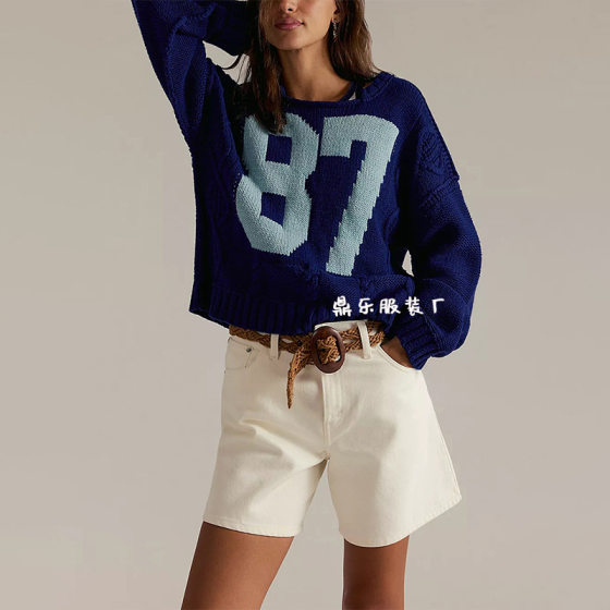 Cross-Border Export Hot Sale Autumn and Winter 2025 Long-Sleeved Tops European and American Clothing Digital Contrasting Color Knitted Pullover Loose Sweater