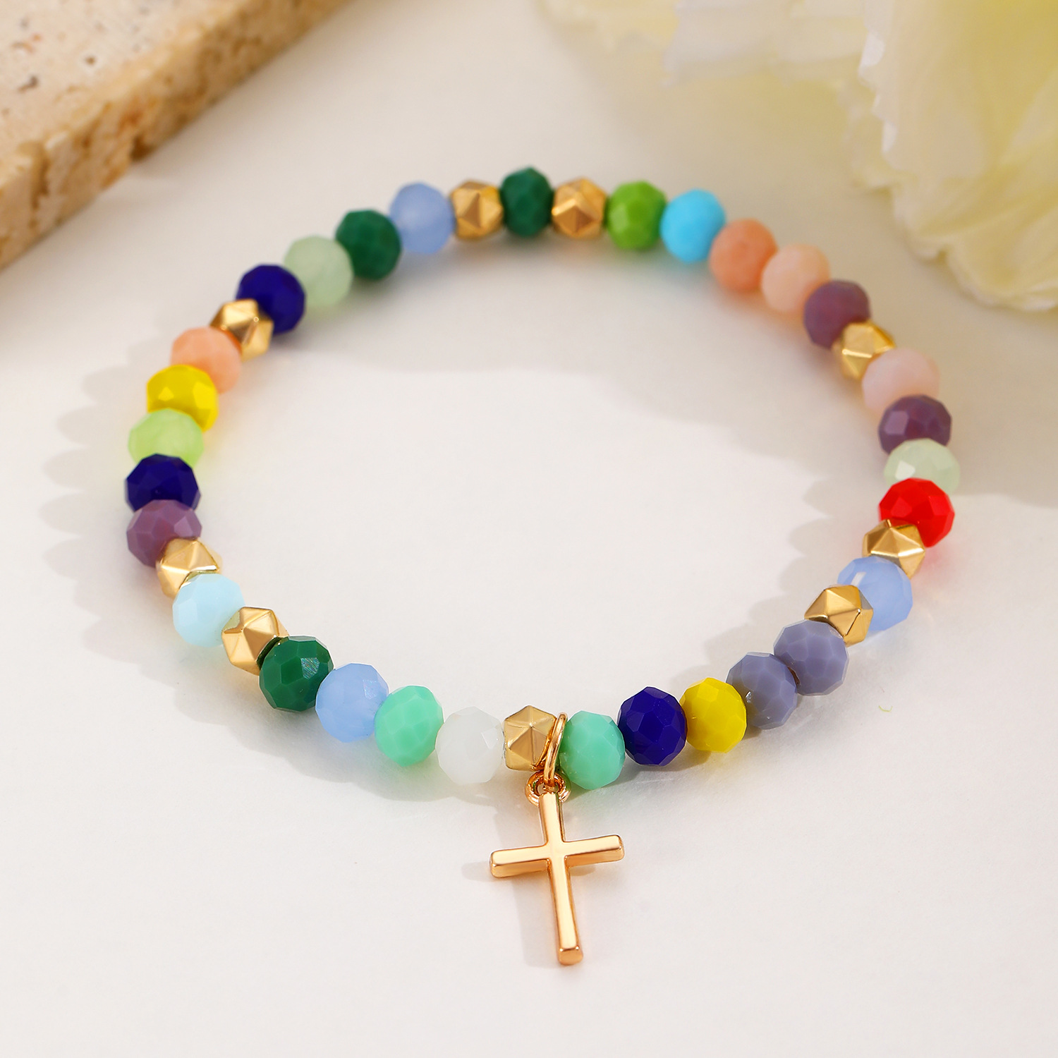 Minimalist Cross And Heart Beaded Bracelet With Enamel Beads_voghion.com