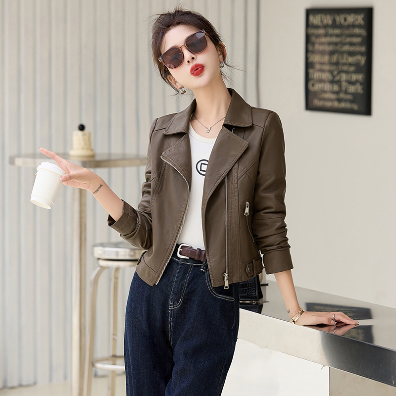 Women's Short Leather Jacket with Fleece Lining, Thickened for Spring and Autumn 2025, New Hong Kong Style Casual Versatile Biker Jacket Top
