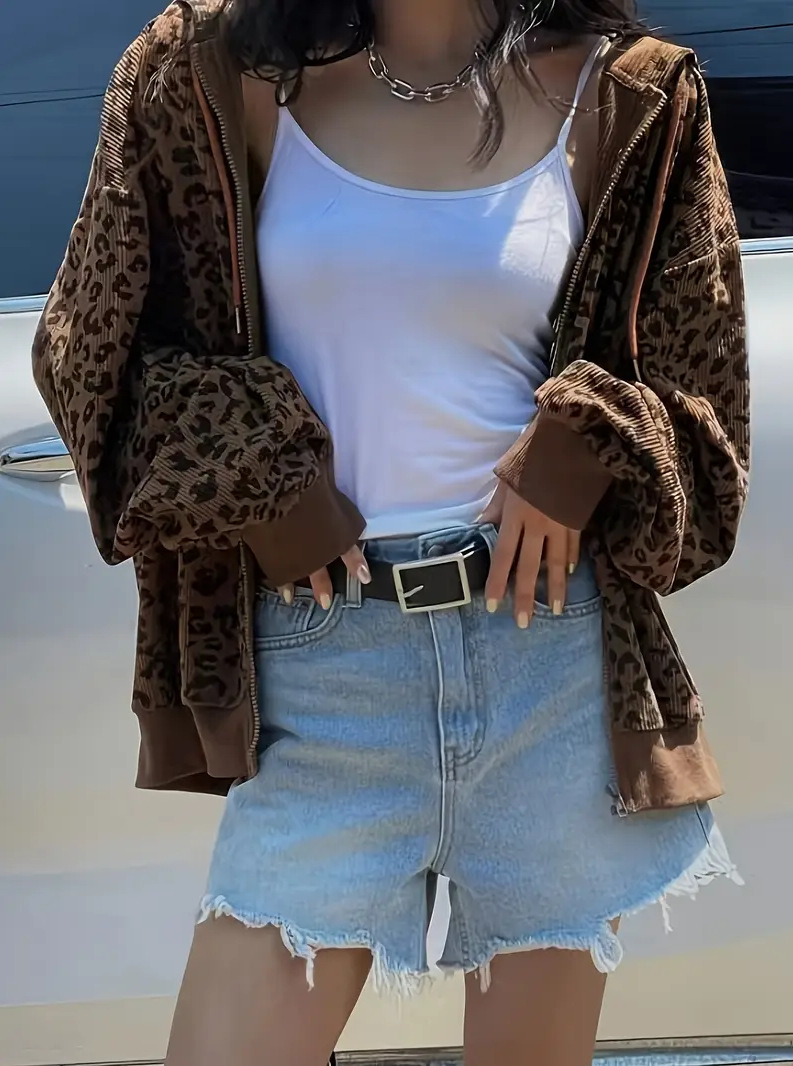 Women's Retro Leopard Print Hooded Cardigan - Oversized Streetwear Zip-Up Jacket With Long Sleeves, Casual Loose Fit, Polyester-Spandex Blend_voghion.com