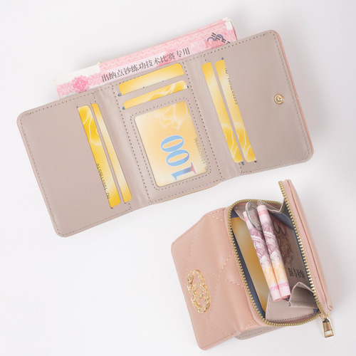 Xiaoxiangfeng ladies zipper wallet cross-border short chain double ring coin purse multi-card slot card holder rhombus wallet