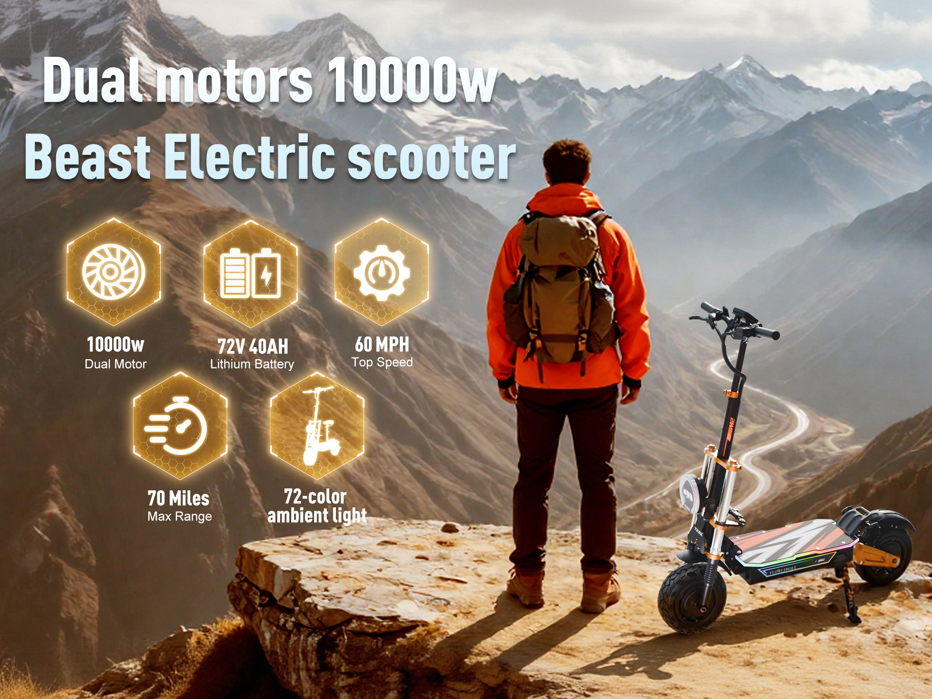BOYUEDA72V dual-drive 10000W off-road electric scooter, foldable, 95 mph speed, long range electric vehicle