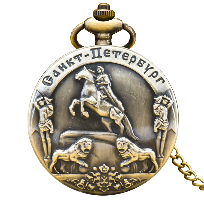 Venta al por mayor Nuevo bronce retro nostálgico tres carruajes de tres cabezas Carro de dos cabezas caballo gran reloj de bolsillo al por mayor