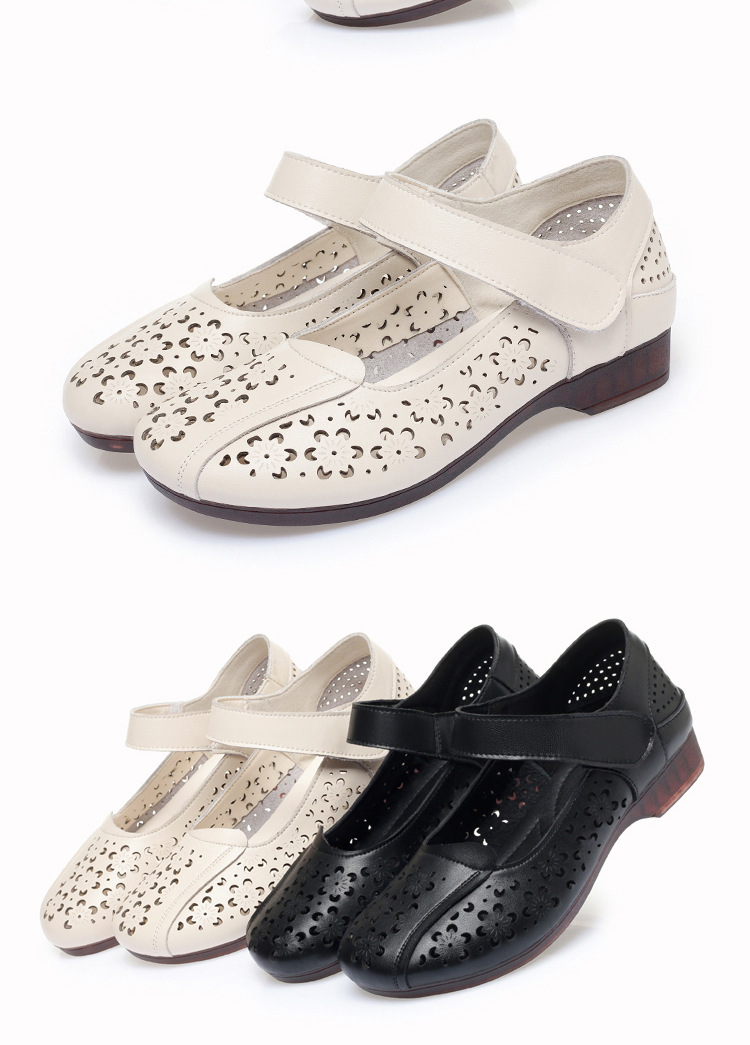 Sandal da thật mùa hè cho nữ trung niên đế mềm chống trượt — Màu đen chi tiết 19