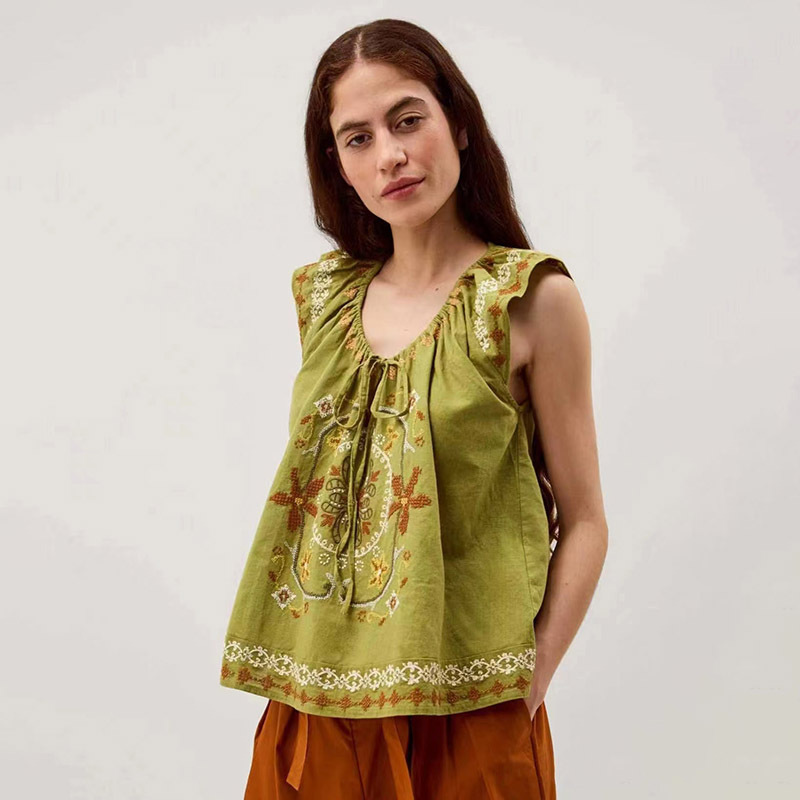 French-Style Niche 2026 Summer Vintage Color Cross-Stitch Floral Flutter Sleeve Drawstring Tie Round Neck Top 26592 French-Style Niche 2026 Summer Vintage Color Cross-Stitch Floral Flutter Sleeve Drawstring Tie Round Neck Top 26592