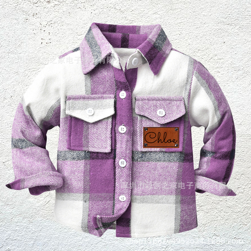 2024 Cross-border Explosion Models Personalized Leather Patch Kidsren's Patchwork Flannel Plaid Shirt