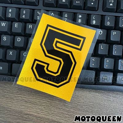 Motorcycle tail: cover, reflective stickers - number-5-yellow-background-75-10cm-one-piece