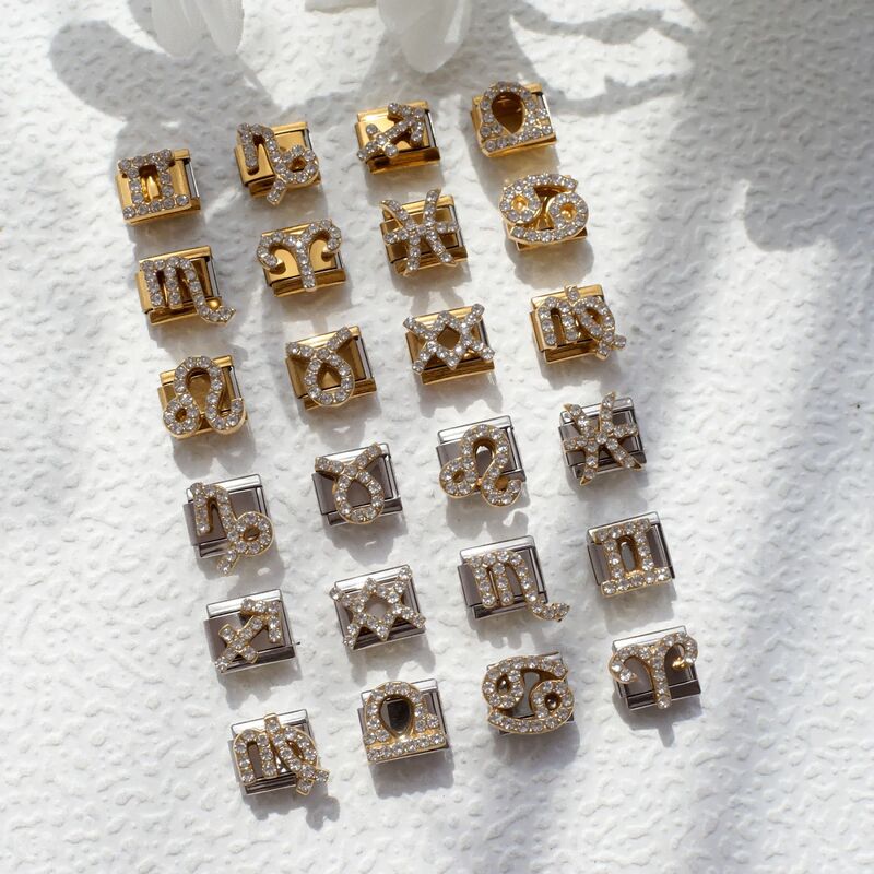 Stainless Steel Italian Module Bracelet 12 Constellations with Diamond Gold and Silver DIY Elastic Bracelet Italian Charm Stainless Steel Italian Module Bracelet 12 Constellations with Diamond Gold and Silver DIY Elastic Bracelet Italian Charm