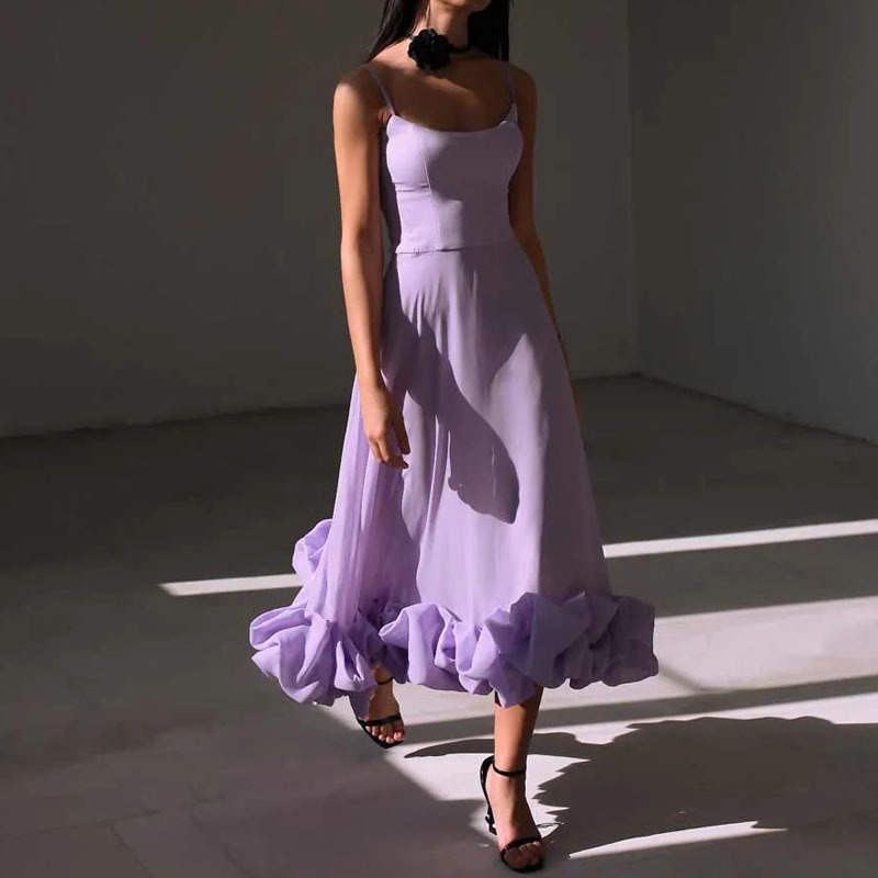 Purple Color Strappy Ruffled Midi Dress