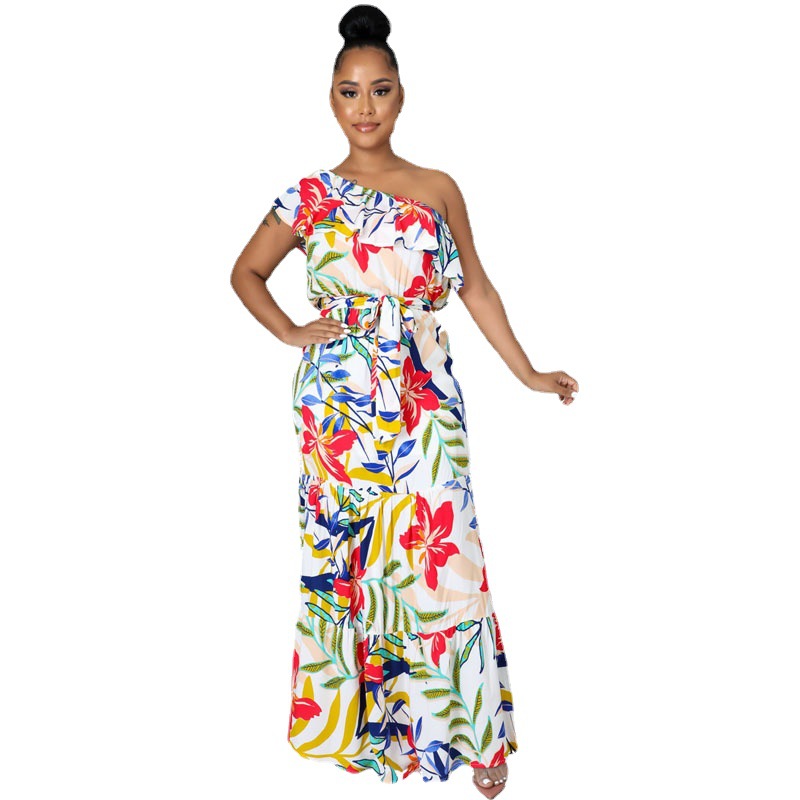 Vestido de primavera chiffon impreso hombro de un lado temperamento floral viajero Chanel estilo más tamaño swing grande ropa de mujer