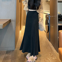 黑色鱼尾裙女秋冬季百搭气质a字裙包臀裙显瘦针织半身裙中长款裙