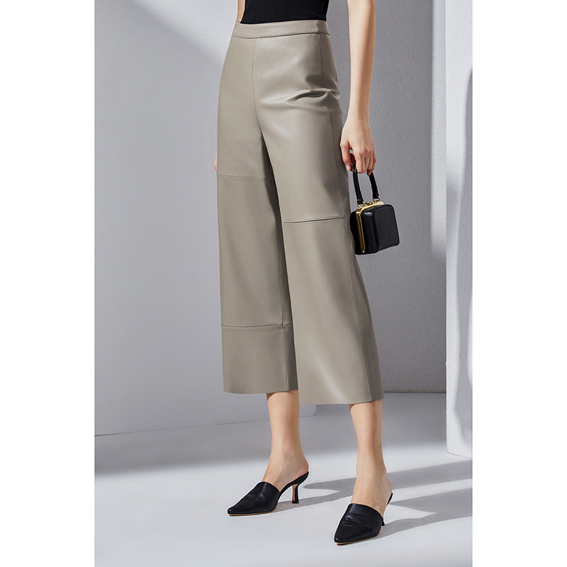 Elegant Elegant Irregular Cut Imported Lambskin High Waist Slimming Cropped Wide Leg Pants Genuine Leather Pants