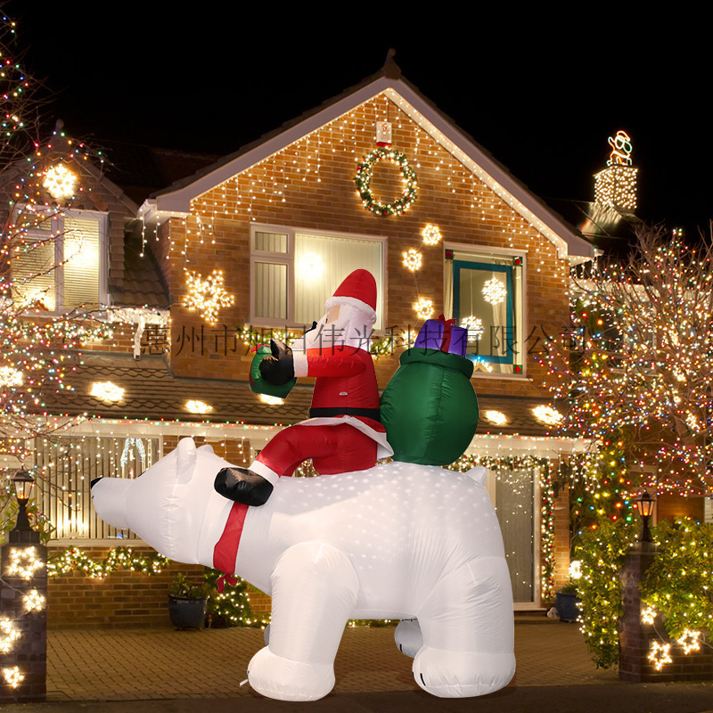 6ft跨境圣诞节老人骑熊充气气模 户外防水庭院草坪装饰发光道具