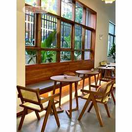 日式实木藤编餐椅餐厅咖啡馆商用桌椅组合ins风甜品店休闲小圆桌