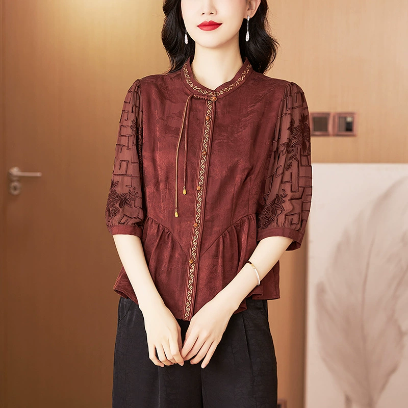 Elite summer retro silk shirt, with embroidery