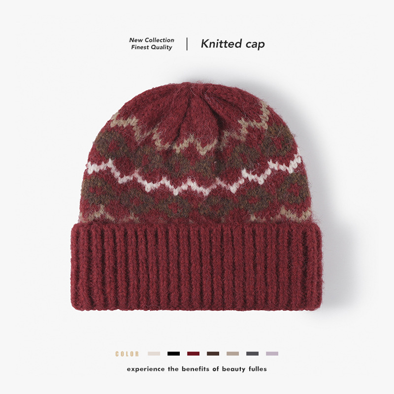 Winter Striped Jacquard Warm Thick Knitted Hat for Women, Outdoor Headwrap, Cold Weather Hat, Cross-Border Fashion Versatile Woolen Hat